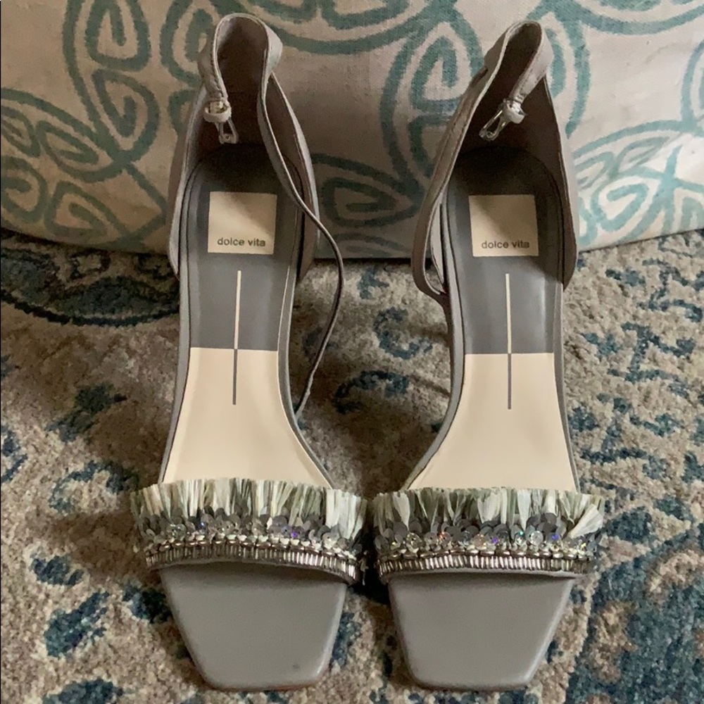 DOLCE VITA FRINGE SQUARE TOE HEELS Silver Sparkly 8.5